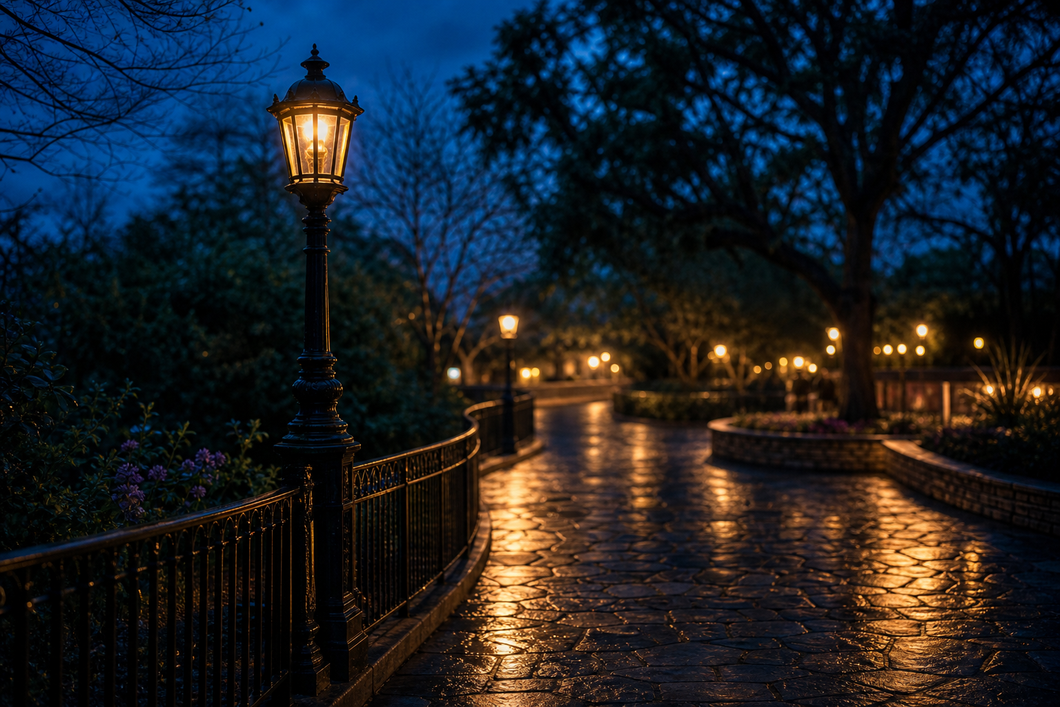 Placeholder: lamplit garden path.