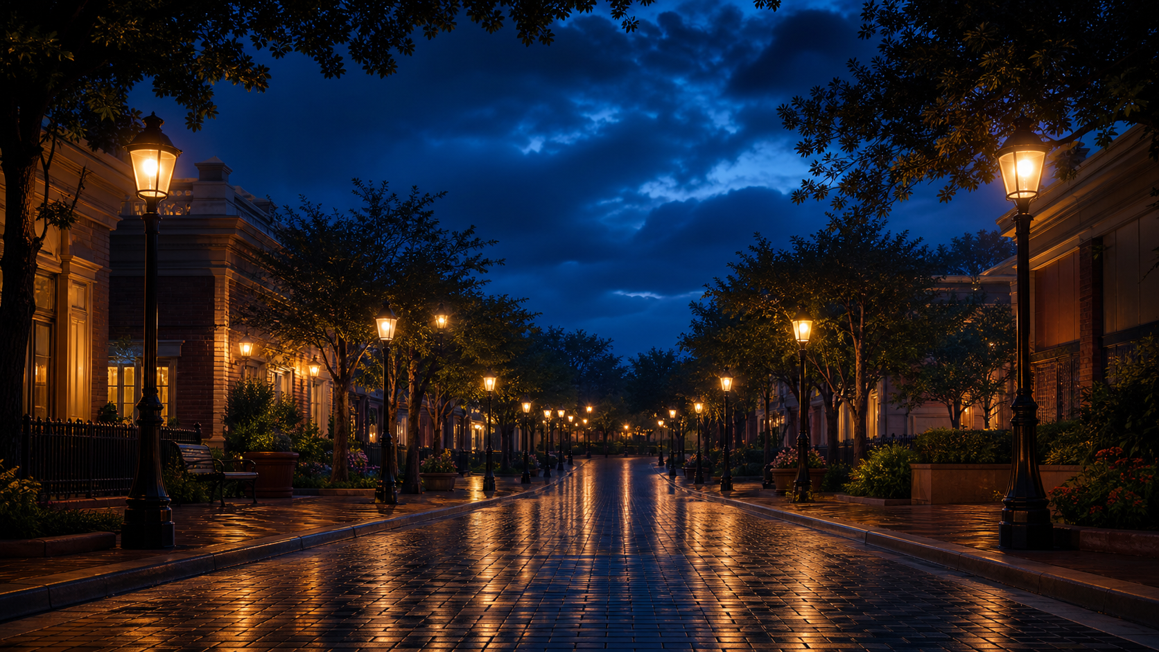 Placeholder: a rain-wet promenade glowing with lamplight at blue hour.