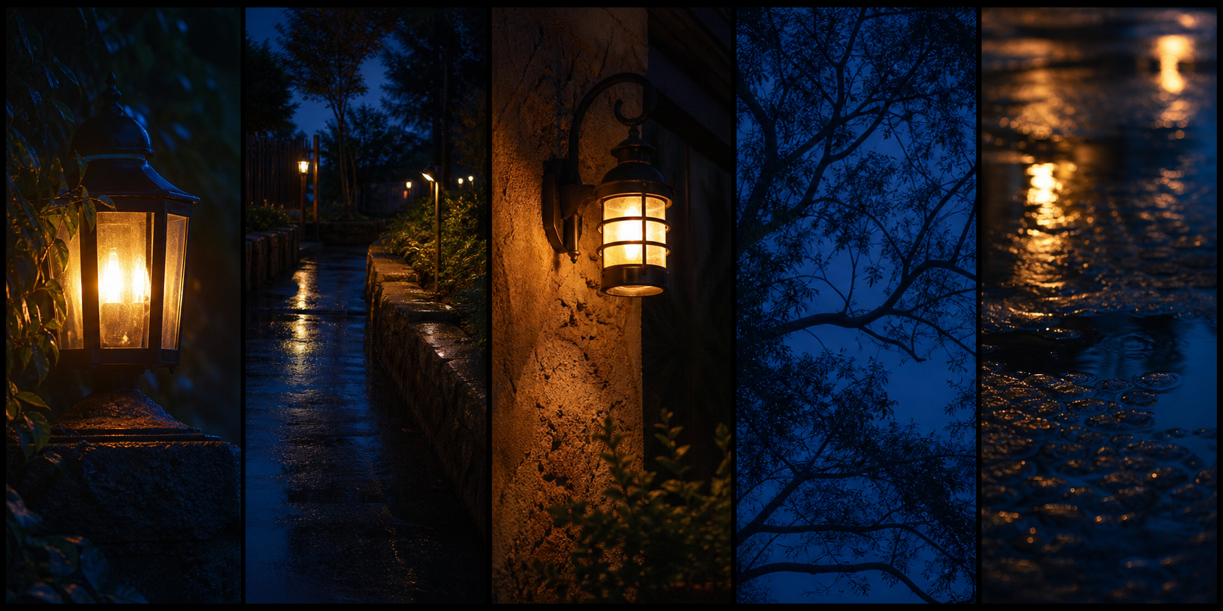 Placeholder contact sheet of five blue-hour park details.